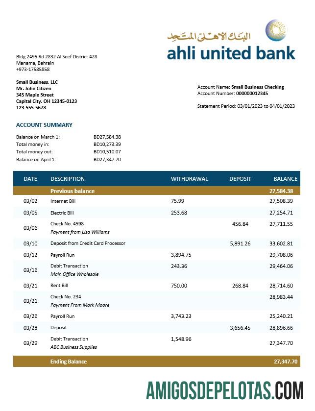 Realista Ahli United Bank Extrato de conta firme modelo Word e PDF